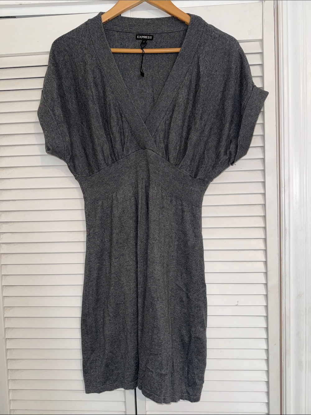 Express Charcoal V-Neck Empire Waist Knit Sweater Dress - L